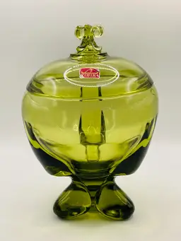 Vintage, Viking Glass 3 Foil Lidded Candy Dish, Olive Green