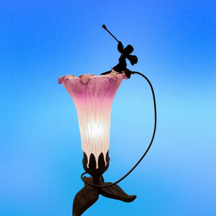 Vintage Table Lamp Purple Glass Lily Cast Metal Base Angel Cherub Blowing Horn 11-1/4” T