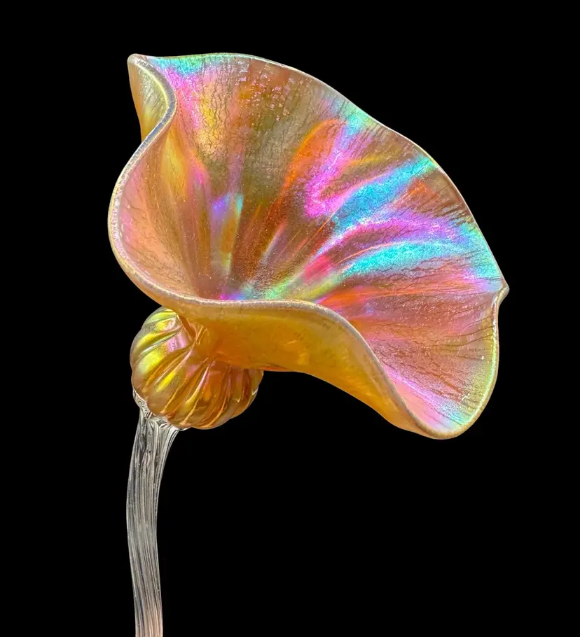 Lundberg Studios Art Glass Flower Stem Iridescent Poppy Orange Aurene 2005 16”