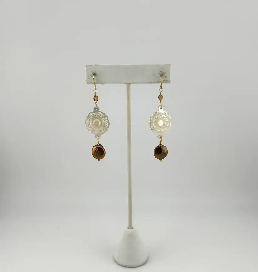 Gold Tone Mother of Pearl Coin Pearl and Crystal Pierced Earrings 2.5” Made By Me