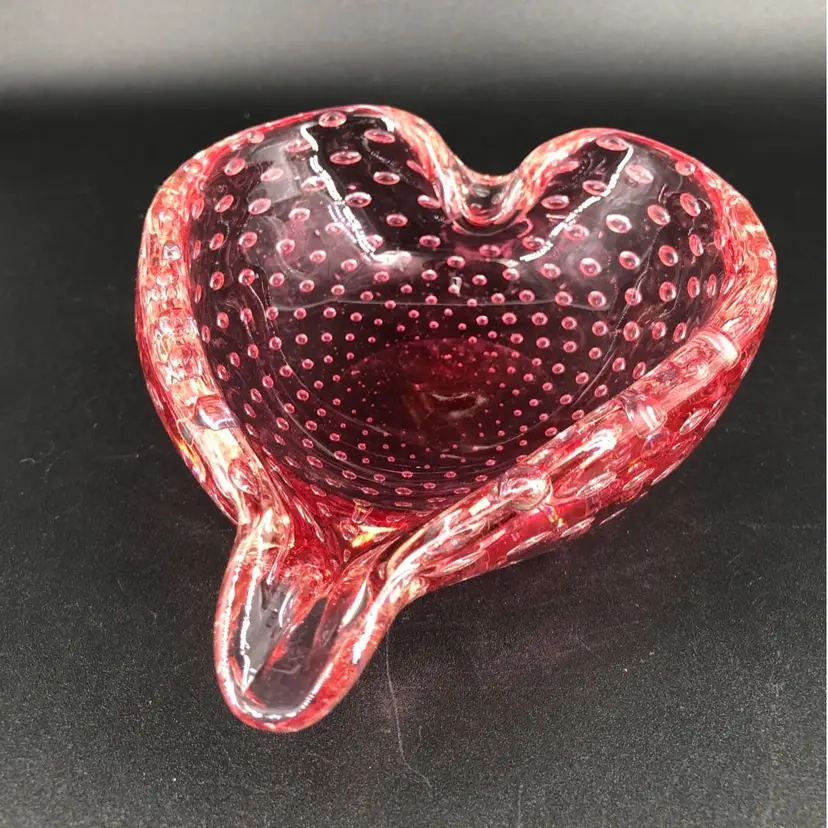 Vintage Murano Hand-Blown Bullicante Bubble Pink Heart Ashtray Trinket Dish