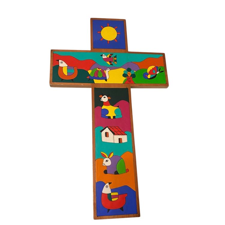 Vintage Hand Painted Colorful Whimsical Wood Christian Cross. Made in El Salvador.