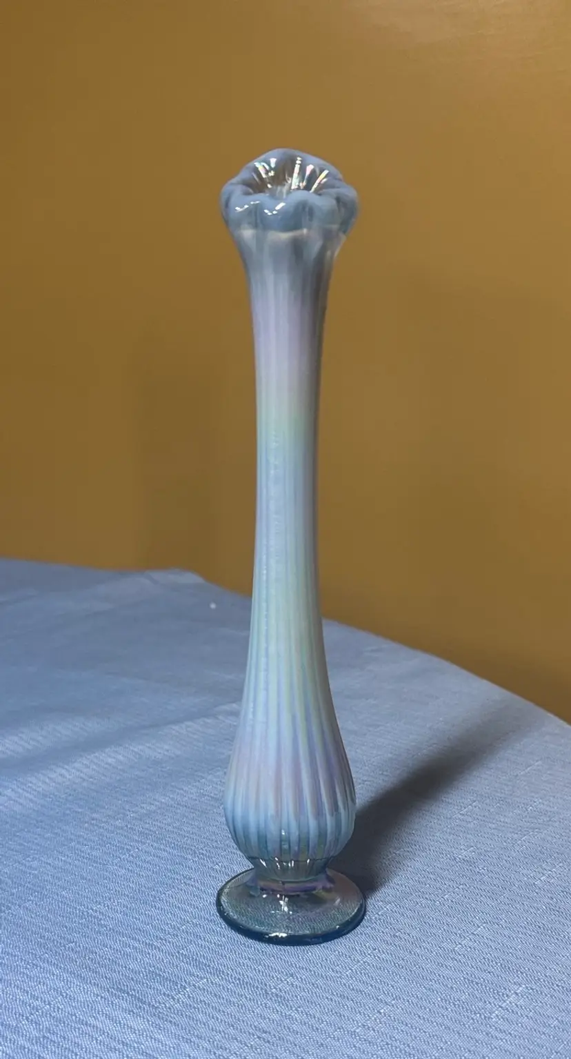 Fenton Art Glass Ribbed Iridescent Blue Opalescent Bud Vase 8 5/8” tall