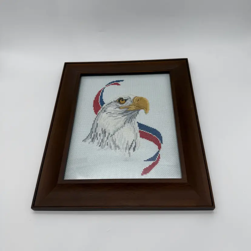 Vintage Framed Needlepoint Patriotic American Bald Eagle Handmade