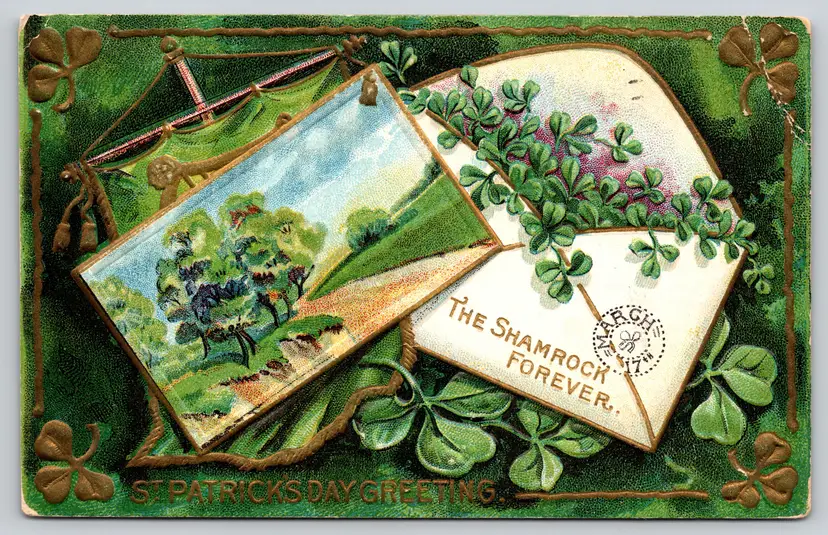 Postcard The Shamrock Forever St Patrick's Day Greeting Embossed c1912 Clovers - 15304