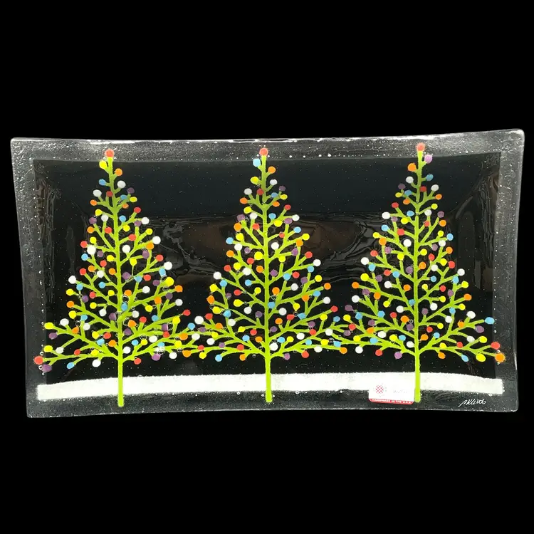 2008 Peggy Karr 14” Tannenbaum Tray Christmas Trees Fused Glass Plate Signed