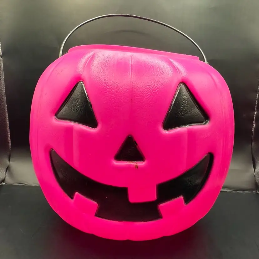 Vintage Pink Halloween Jack-o’-lantern Blow Mold Trick Or Treat Candy Bucket 7”