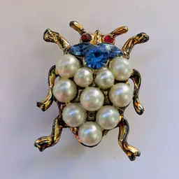 Vintage Faux Pearl & Rhinestone Beetle Brooch
