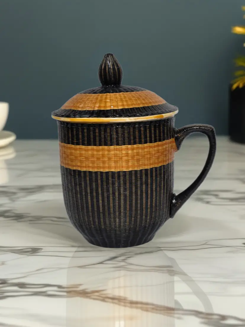 Vtg Chinese Bamboo Wrapped Stoneware Lidded Mug Woven Wicker Tea Cup Speckle