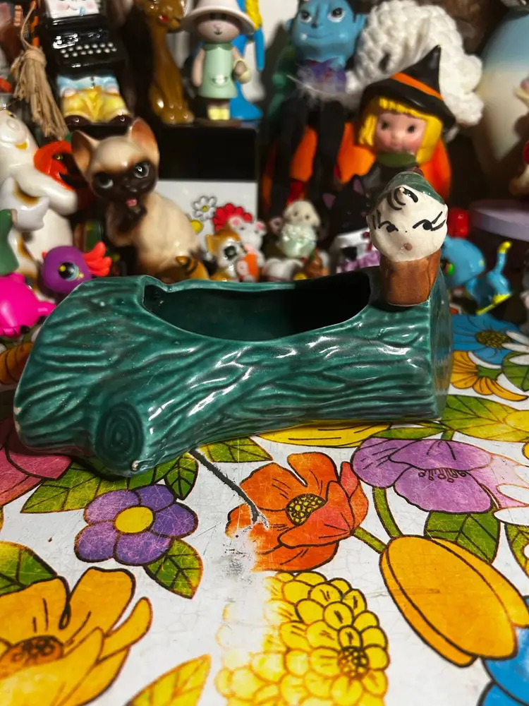 Vintage Cute Ceramic Log Planter with Pixie *Repaired*