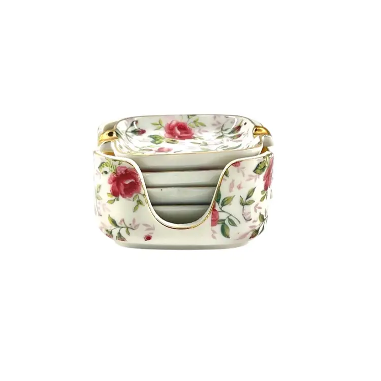 Vintage Chintz Ashtray Set in Matching Caddy Holder 5pc Porcelain By Lefton China Co.