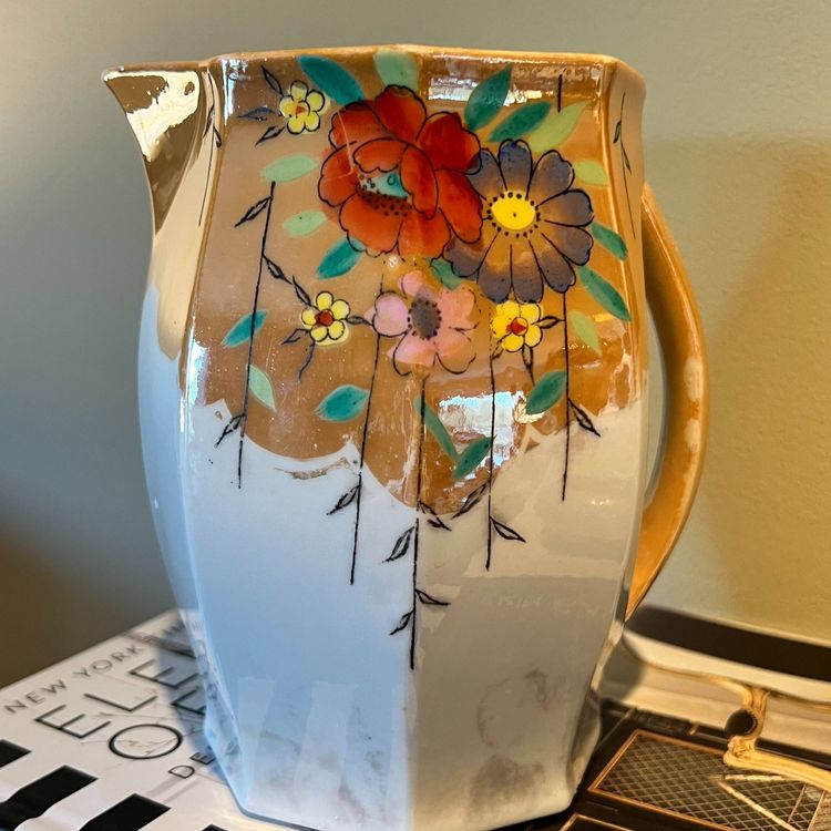 Vintage Japanese Porcelain Lusterware Pitcher or Vase With Floral Design Art Deco Iridescent Metelac Glaze
