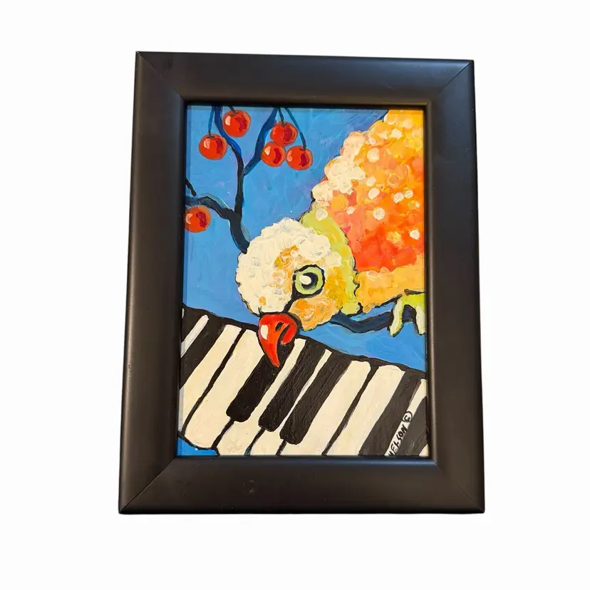 Vintage Signed Oil Painting Bird Piano Art Colorful Framed Folk Art Small Wall Decor