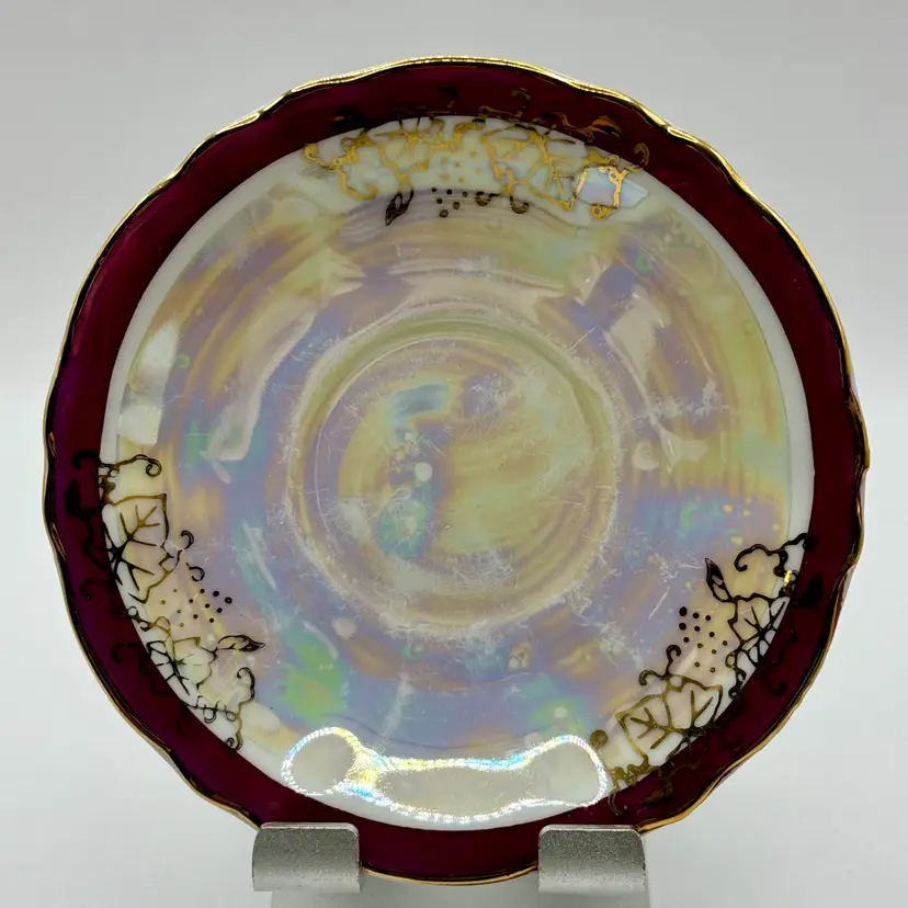Vintage Lusterware Marbled Glass Decorative Saucer Trinket Dish with Gilded Floral Accents, Burgundy & Iridescent, Unbranded, Made In Japan, Crown On Back