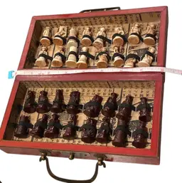 Vintage Chess Set Wooden Chest Box Complete Carved Resin Chinese Asian Oriental
