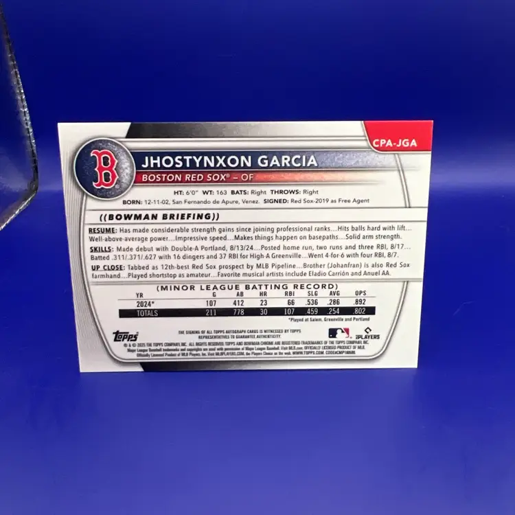 Jhostynxon García 2025 Bowman Chrome 1st Auto Boston Red Sox
