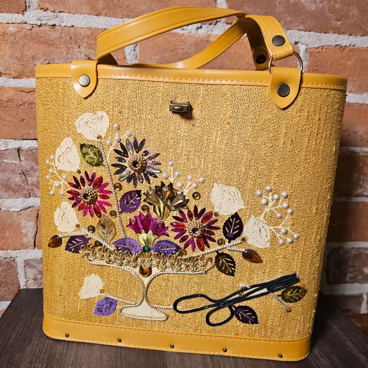 Vintage 1960s Enid Collins Style Box Bag Yellow Floral Jeweled Embellished Wood Bottom Purse