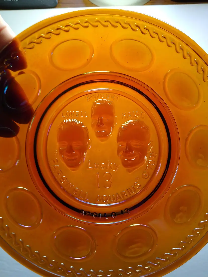 Vintage Carnival Glass Orange Apollo 13 Space Astronaut Plate Wheaton Glass NASA