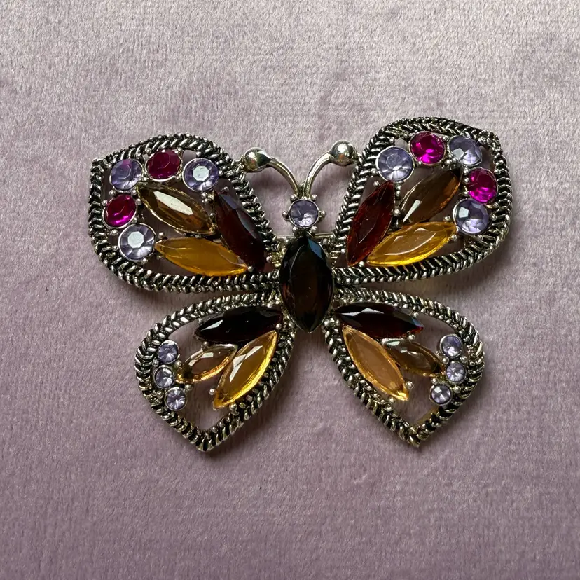 Monet Silver Tone Jewel Tones Purple Pink Amber Rhinestone BUTTERFLY Brooch Pin