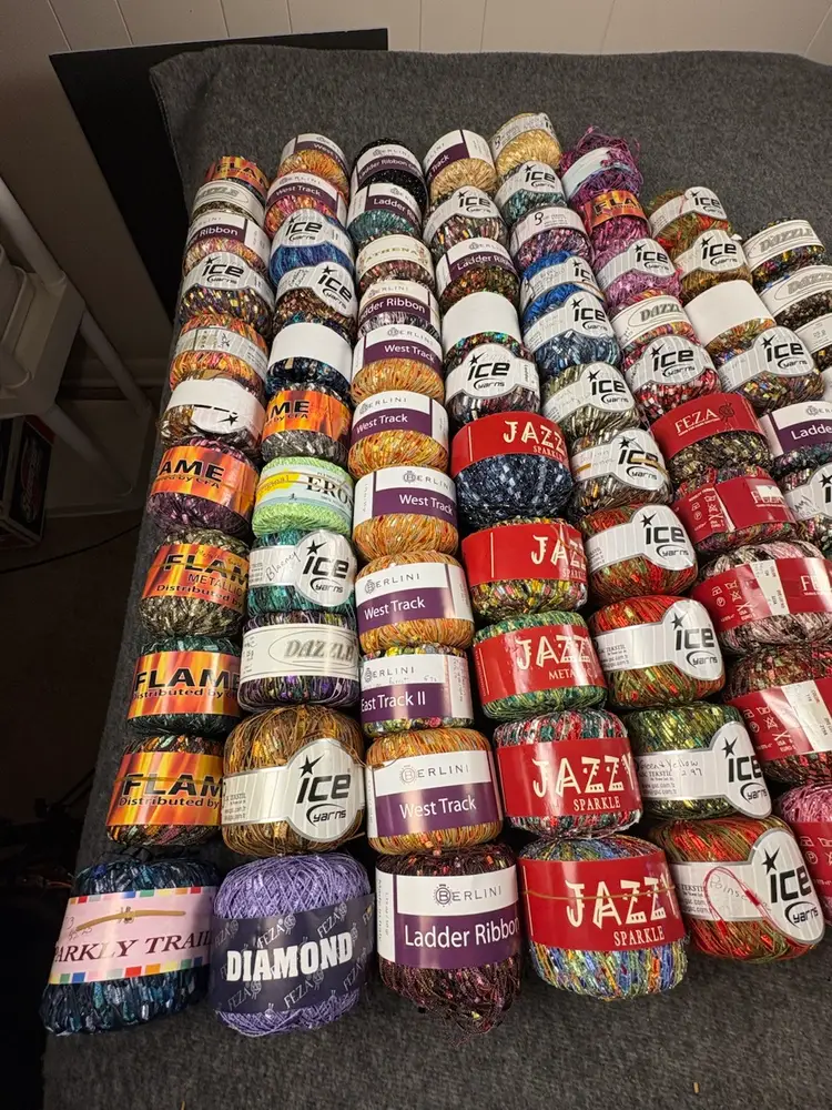 Large Yarn Lot 91 Skeins Mixed Novelty Ladder Ribbon Metallic Ice Premier
