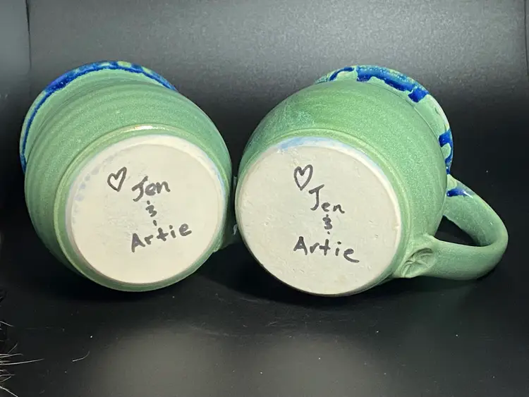 2 Studio Pottery Green & Blue Stoneware Coffee Mugs, 3.75" and 4" Tall