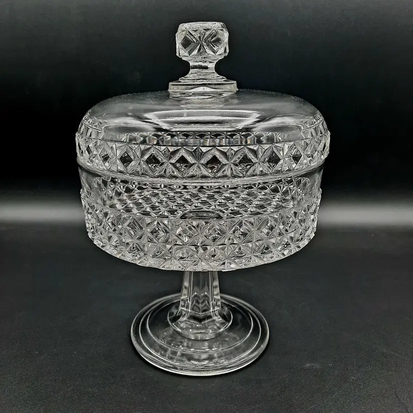 Vintage Quilted Diamond Glass Pedestal Lidded Candy Dish