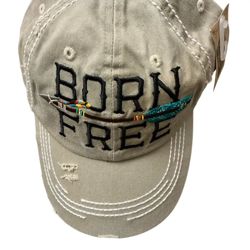K Bethos Khaki “Born Free” Distressed Baseball Cap.