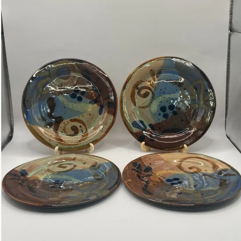 Mangum Pottery, North Carolina, Small Multi-glaze, Handmade Pottery Plates/Saucers Set Of 4, ~6” Signed And Dated 2016 & 2017