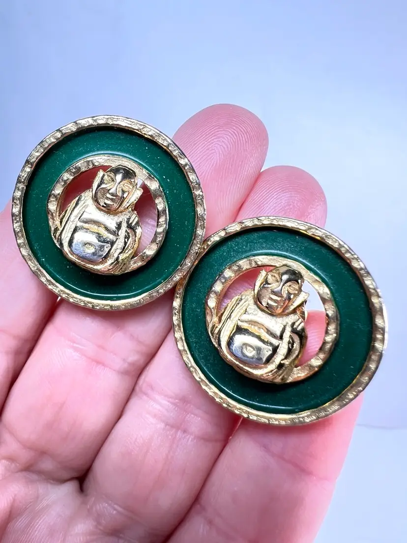 Dark Green And Gold-toned Buddha Clip On Earrings. 1” Diameter.