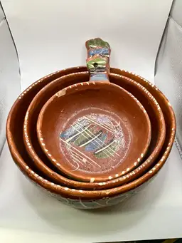 Vintage Tlaquepaque Mexican Pottery Round Nesting Mixing Bowl Handles Three 12 X 3” CHIP