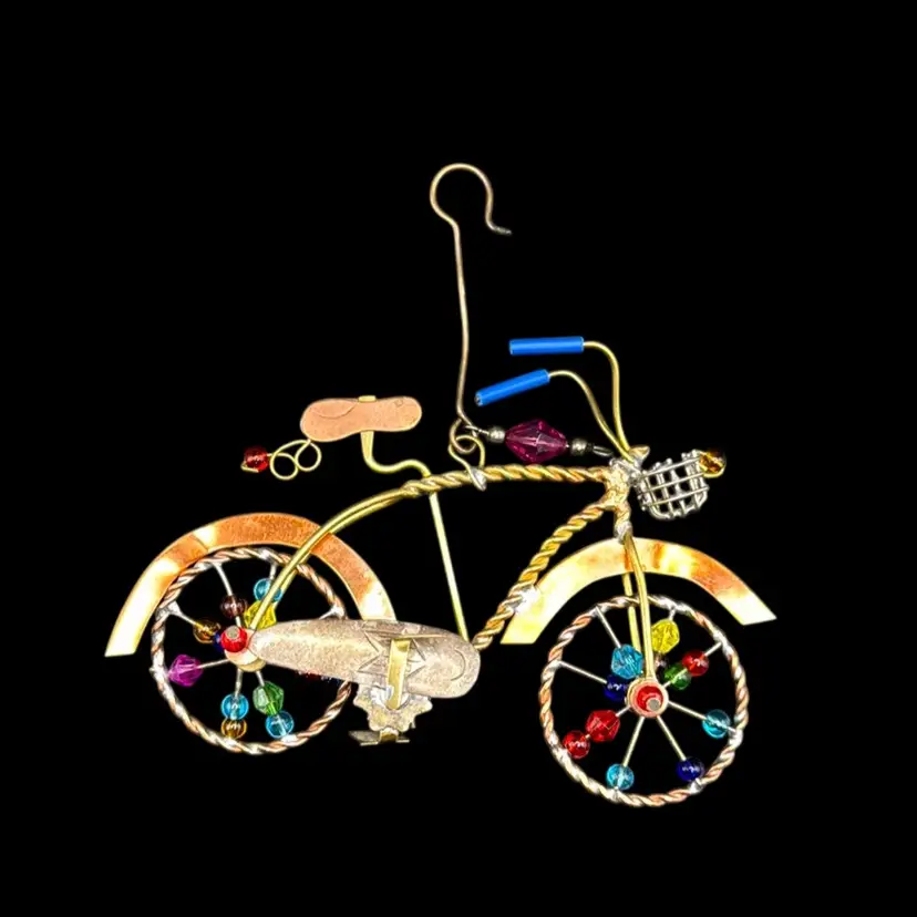 Vintage Pilgrim Imports Handmade Bicycle Ornament Nickel/Copper/Brass/Beads