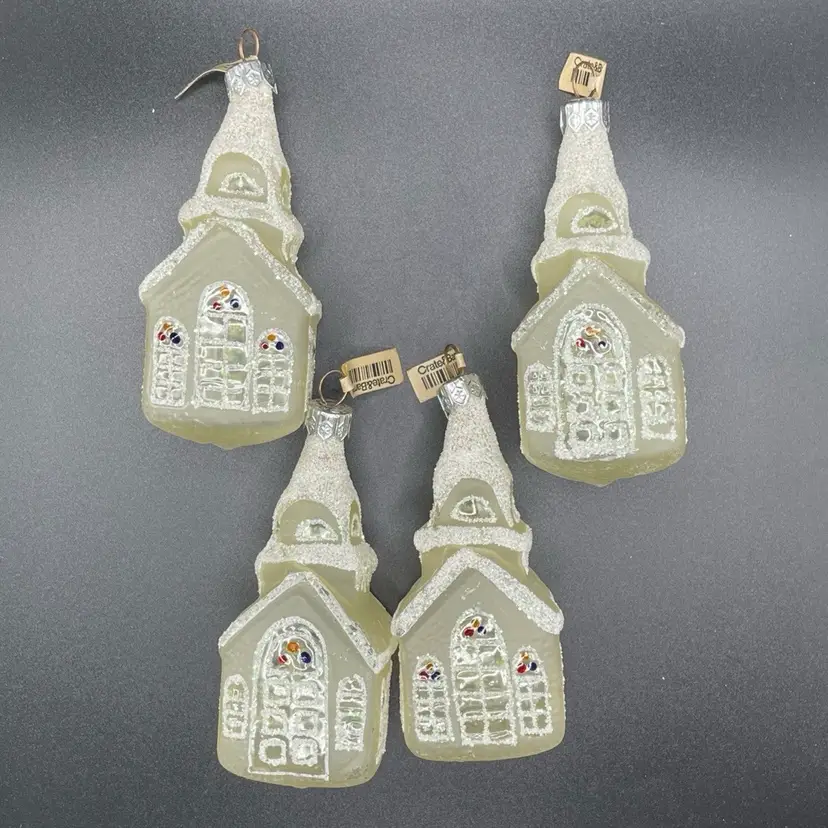Crate & Barrel Blown Glass Church Chapel Christmas Ornaments VTG Czech Set of 4