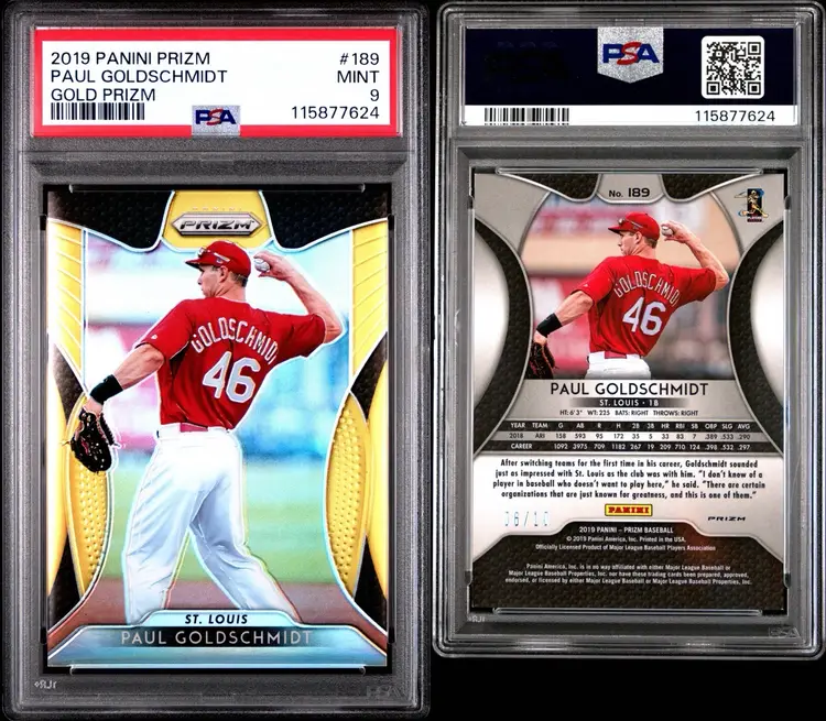Paul Goldschmidt Pop 1 PSA 9 2019 Panini Prizm Gold Prizm /10 SSP #189 St. Louis Cardinals