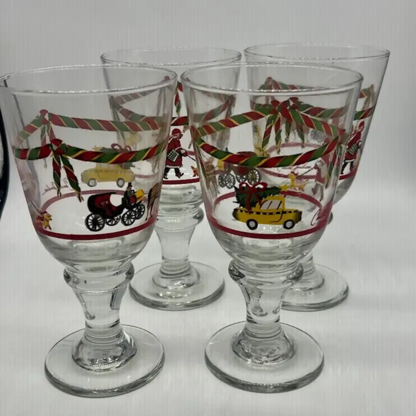 Set Of 4 Chuck Fischer Pedestal Christmas Time In The City Goblets