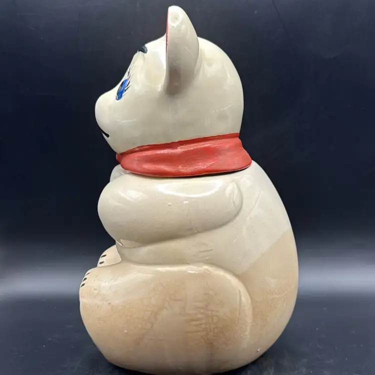 Vintage 1950s American White Teddy Bear w/ Red Bow Ceramic Cookie Jar 11”