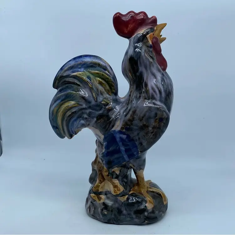 Vintage hand-painted Majolica ceramic rooster figurine 12” Tall