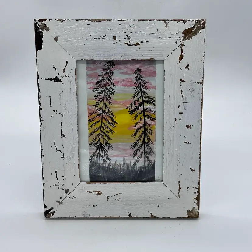 Watercolor Original Artist Signed Framed Trees &Sunset 