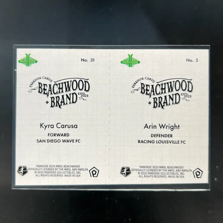 Arin Wright & Kyra Carusa 2025 Parkside Beachwood Brand Beachwood Squared Soccer Card
