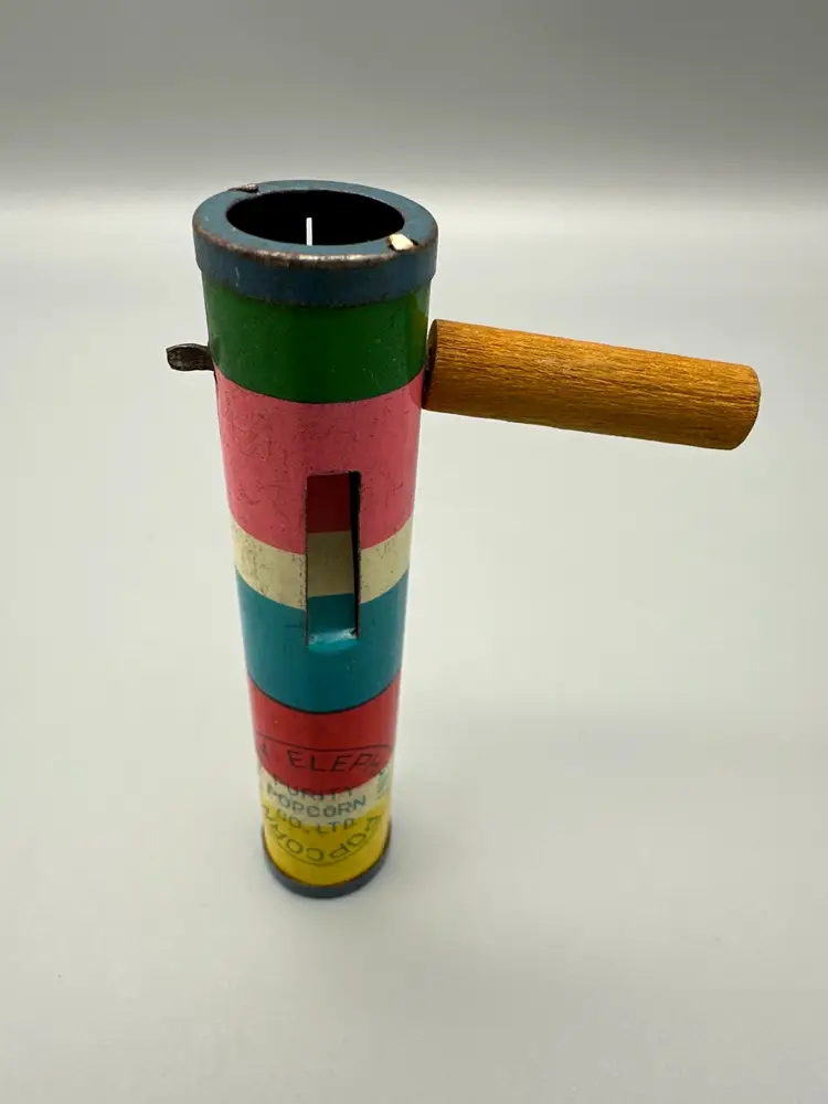 Vintage Noise Maker Lucky Elephant Purity Popcorn Co With Wooden Handle RARE