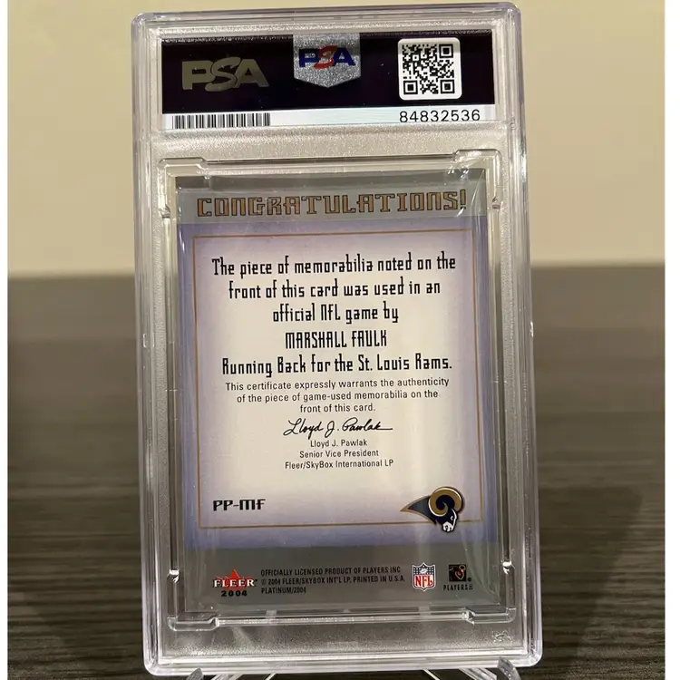 2004 Fleer Platinum Marshall Faulk Game Used Jersey Auto PSA St. Louis Rams
