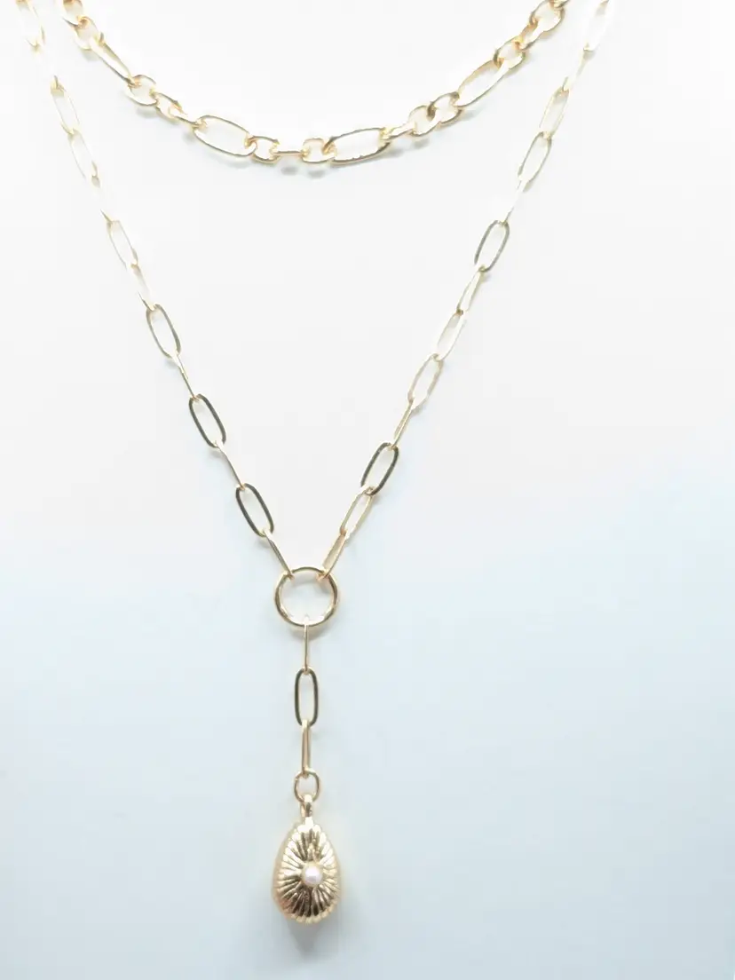 Gold Tone Layered Chain Necklace with Faux Pearl Pendant