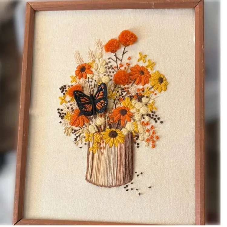 Crewel - Vintage 
Wood Framed 19x15x1.5
Butterfly And Flower Arrangement In Orange, Yellows And Browns