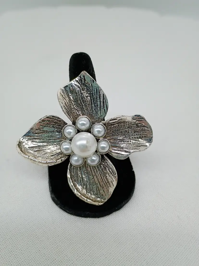 Hammered Metal & Pearl Flower Statement Ring  by All that Glitters. Sizeable Signed