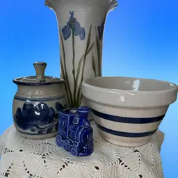 Lakeside Blues Vignette 
Iris, Vase Striped Ransbottom , Artisan Sugar Dish In Blue, Off White Doile, Ceramic Train Toothpick Holder