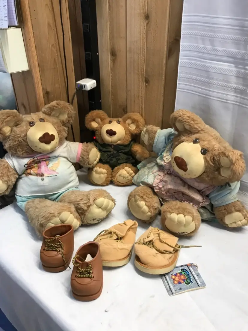 3 Vintage Xavier Roberts Furskin Bears w/clothes and 2 pairs of shoes.