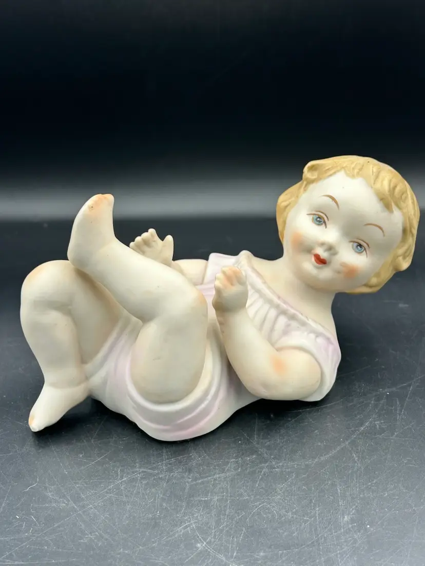 Vintage Piano Baby Bisque Porcelain Girl Figurine Girl Blue Eyes