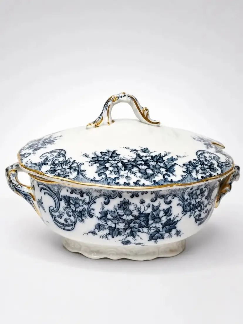 Antique Arkinstall Bros Stirling Flow Blue Vegetable Tureen English Lidded Dish