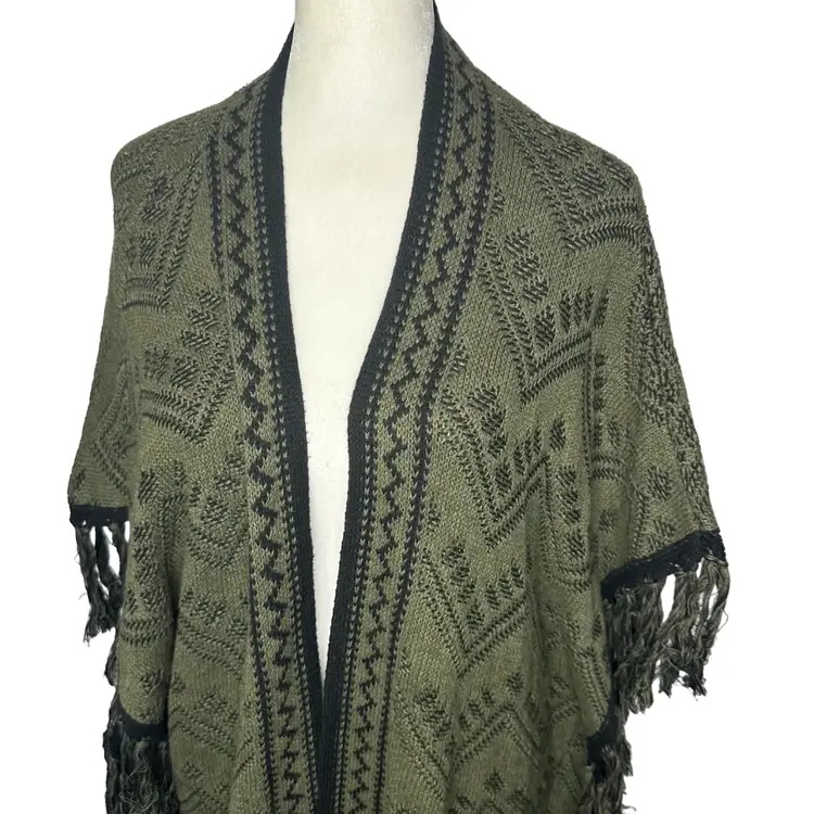 Bohemian Forest Green Fringe Aztec Print Cardigan Sweater Medium - XL
