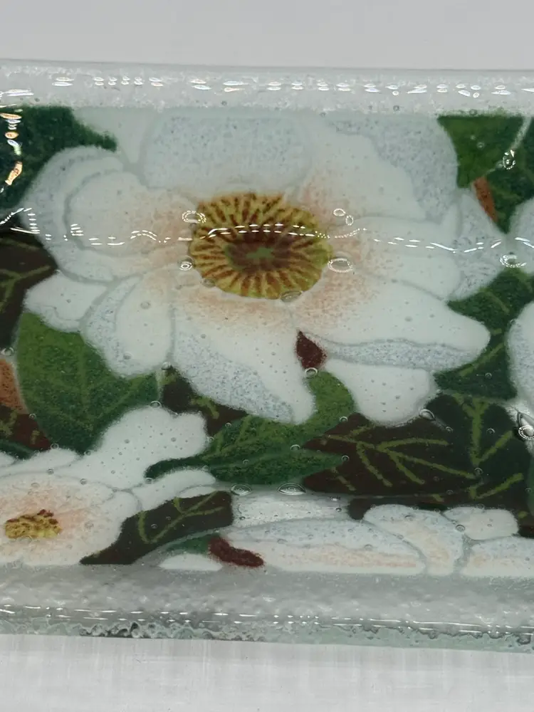 Peggy Karr Fused Glass Magnolia Blossoms Rectangular Tray - Signed
