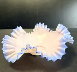 ANTIQUE VICTORIAN ERA LAVENDER & BLUE EDGED RUFFLED BRIDE'S BASKET BOWL